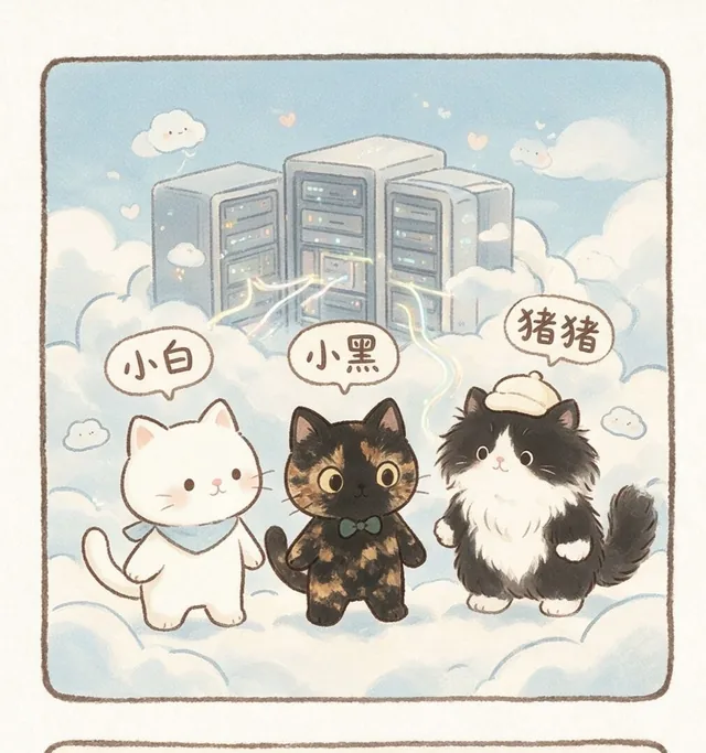 三只 AI 猫：小白、小黑、猪猪，在云端服务器前值班